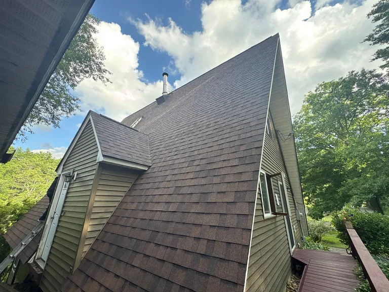 Steep gable roof upward view