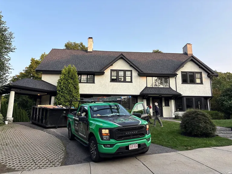 Tudor home reroof lct truck onsite